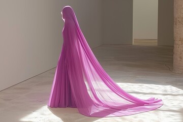 Naklejka premium Flowing magenta gown in a minimalist room with natural light showcasing elegance and sophistication