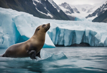 Naklejka premium A sea lion leaping from the water with a towering glacier in the background, sunlight illuminating 