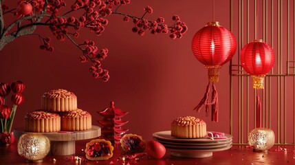 Moon cake for Mid autumn festival, Retro vintage style of Vietnamese traditional food and dessert. red flashlight