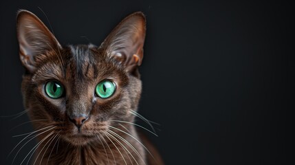 Close-up of a green-eyed brown cat against a dark background, striking gaze, space for copy text