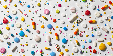 Colorful Medication Assortment, Pharmaceutical Pills and Tablets Variety

