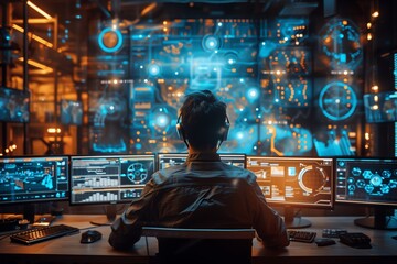Man Monitoring Multiple Computer Screens With Digital Data Displays