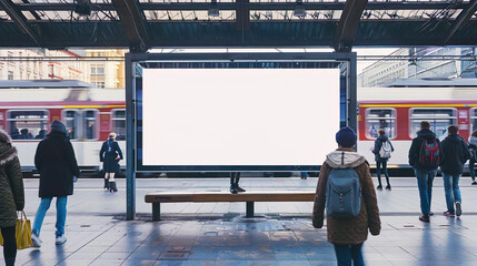 Mock Up Blank Billboard with Arriving Passengers At Train Station