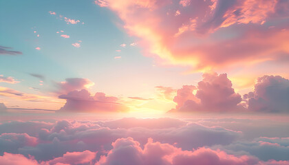 Dreamy pastel sky at sunrise with soft clouds, perfect for inspirational content, wellness themes, and nature campaigns. Ample copy space.