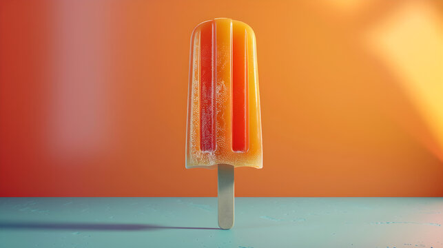 Orange popsicle standing upright on a blue surface with an orange background, perfectly capturing a summer treat in minimalist style, 3D illustration.