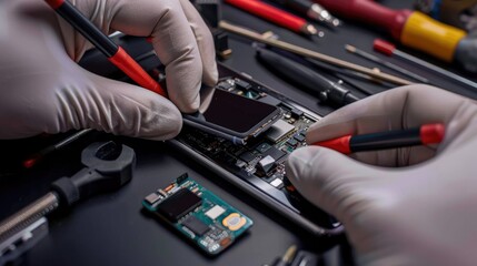 A technician repairing a broken smartphone