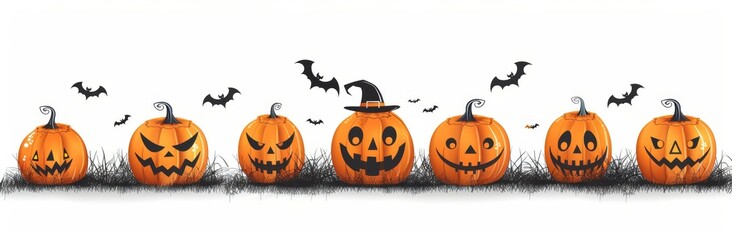 A row of pumpkins with bats on top of them