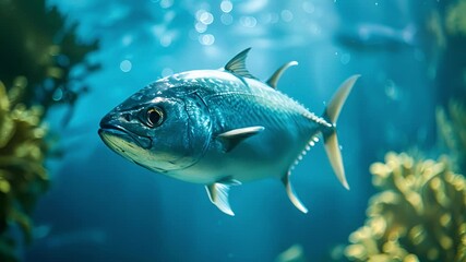 An elegant and understated divider panel with a single large fish swimming gracefully amidst a tranquil blue background adding a touch of serenity and movement to the space it divides.