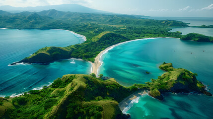 Obraz premium Stunning aerial view of a lush tropical coastline with turquoise waters and sandy beaches, perfect for travel concepts or summer marketing. Plenty of copy space.