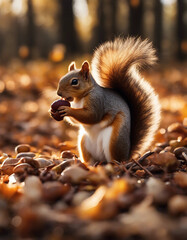 Obraz premium A squirrel gathering acorns in an autumn forest, golden hour 