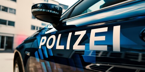 Close-up of the word "POLIZEI" on a blue police car background, with white letters in a German font style