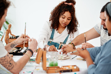 Creative people, group and art studio for canvas, bonding and happy for paint class learning....