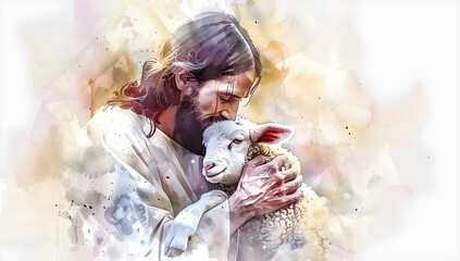 Inspirational watercolor illustration of Jesus embracing a lamb, showcasing compassion, love, and faith. Perfect for religious content and spiritual marketing. Features copy space.