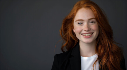 attractive female red head smiling, wearing black blazer and white tshirt on the right side of frame, long hair with soft waves falling over shoulders, standing in front of dark grey background