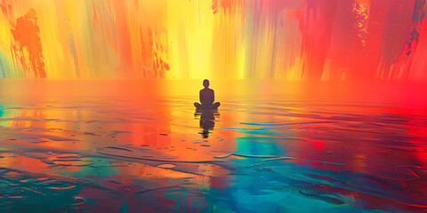 Fototapeta premium Vibrant surreal meditation by a solitary figure on a reflective surface under rainbow hues. Ideal for wellness, spiritual growth, and mindfulness content.