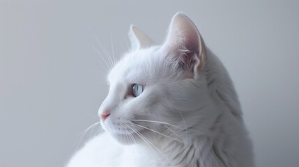 White cat with blue eyes in profile against a light background