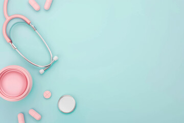 Flat lay medical tools and pills on a blue background with copy space. Pink stethoscope, pills, and cap signify healthcare and medicine.