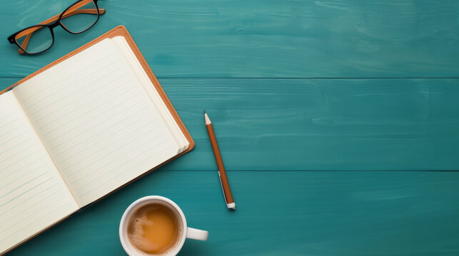 Flat lay of an open notebook, a pen, a cup of coffee, and glasses on a turquoise wooden table. Ideal for productivity, work, and study themes.