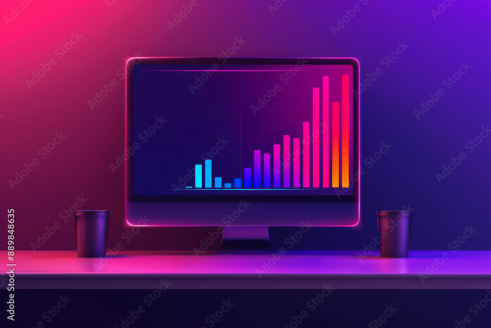 Poster modern computer monitor displaying a colorful, futuristic bar graph under vibrant lighting. suitable