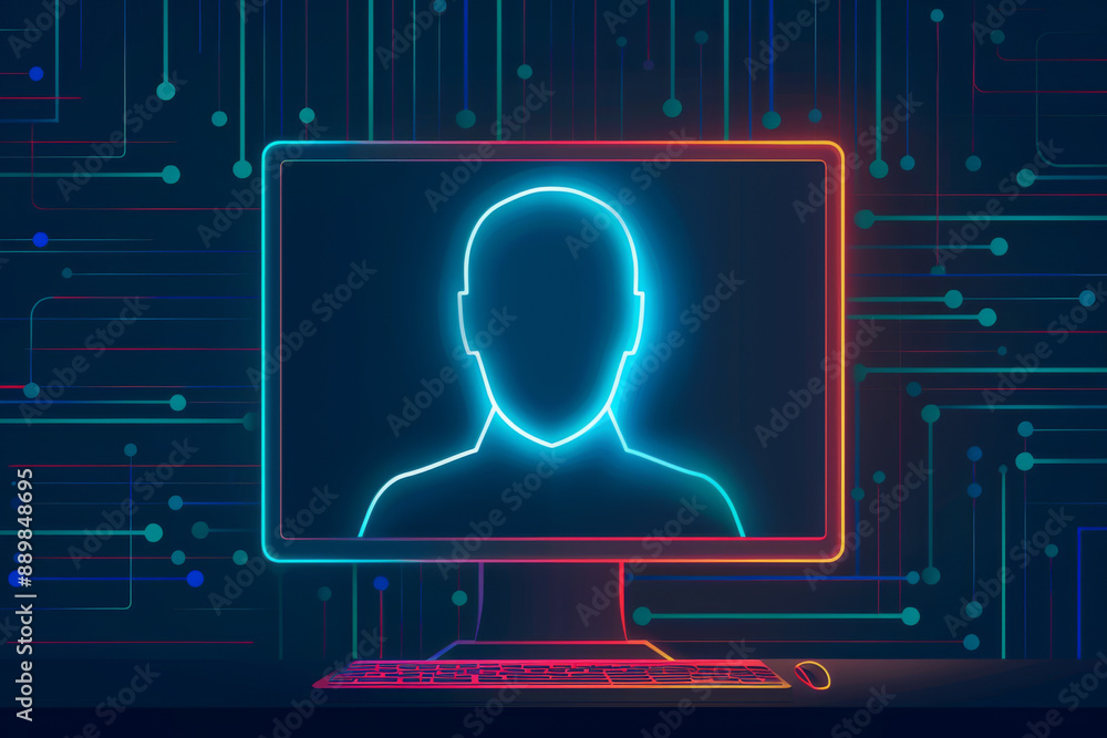 Poster neon outline of a human figure displayed on a computer monitor with a digital circuit background, re