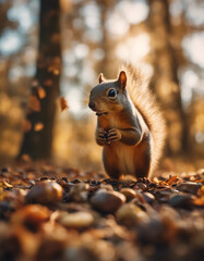 A squirrel gathering acorns in an autumn forest, golden hour
