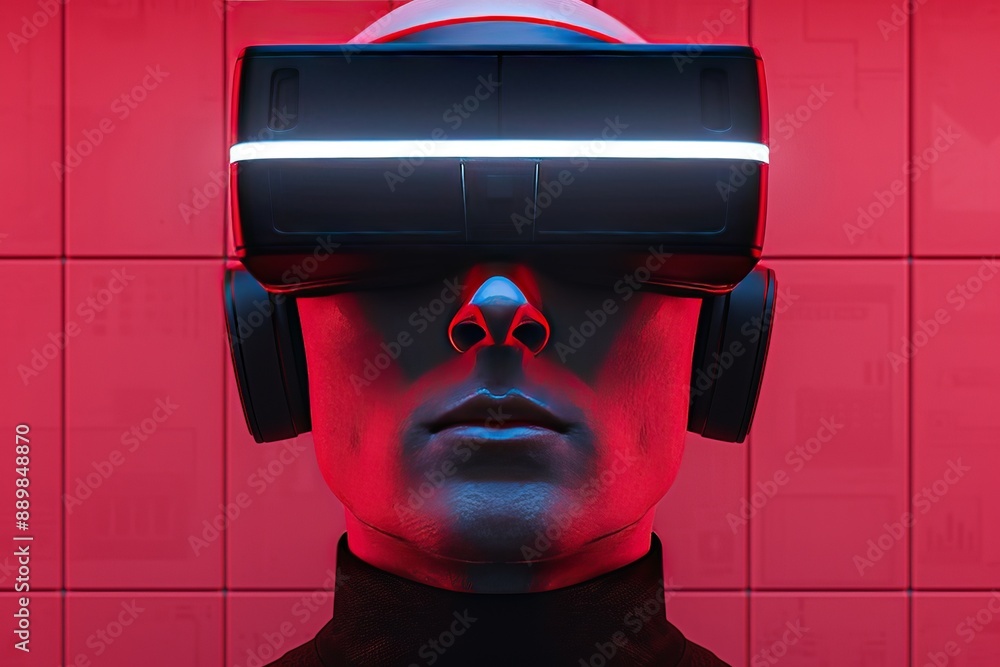 Poster futuristic close up of a person wearing a high tech vr headset emphasizing the intersection of techn