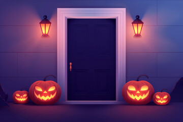 Spooky Halloween scene with carved pumpkins and lanterns illuminating a dark door entrance at night, creating a festive and eerie atmosphere.