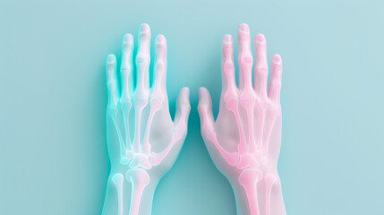 X-ray image of two hands, one blue and one pink, showcasing bone structure on a pastel background, highlighting medical and anatomical details.