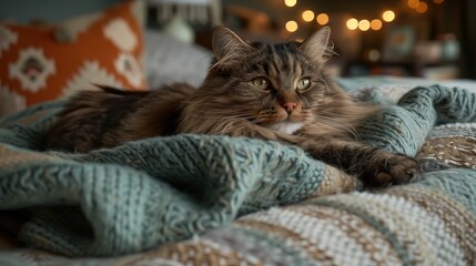 Fluffy tabby cat on a knitted blanket, cozy home setting