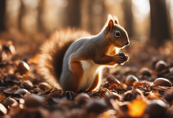 A squirrel gathering acorns in an autumn forest, golden hour
