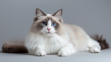 Ragdoll cat with blue eyes lying on a grey background, studio portrait