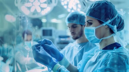 A surgeon and scrub nurse donning gloves before a procedure selective focus, precision theme, ethereal, double exposure, surgical suite backdrop, copy space for text,