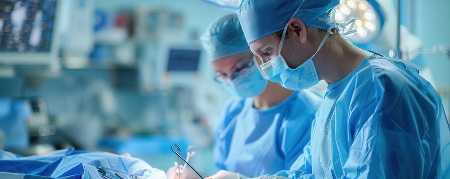 A surgeon and assistant in the operating room, both concentrating on the surgical tools selective focus, teamwork theme, ethereal, fusion, OR environment, copy space for text, - Powered by Adobe