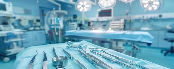 The operating room filled with surgical tools, a scene of high concentration copy space, meticulous theme, dynamic, blend mode, hospital backdrop, copy space for text,
