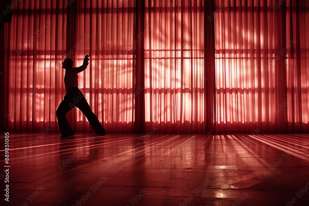 Poster dramatic silhouette of a dancer in a red lit room capturing movement and emotion in a vibrant and dy