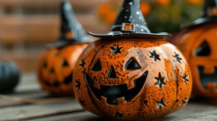 A group of orange pumpkins with a black hat on top of them