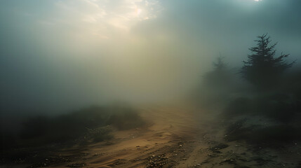 Fototapeta premium Misty, foggy forest path evokes mystery and tranquility with golden light breaking through clouds. Perfect for concepts of discovery, nature, and calm. Copy space available.