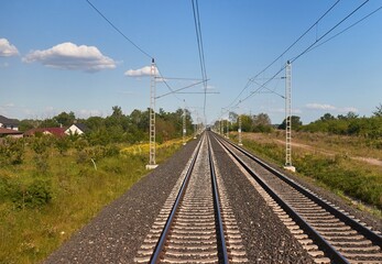 Rails with train, railway travel