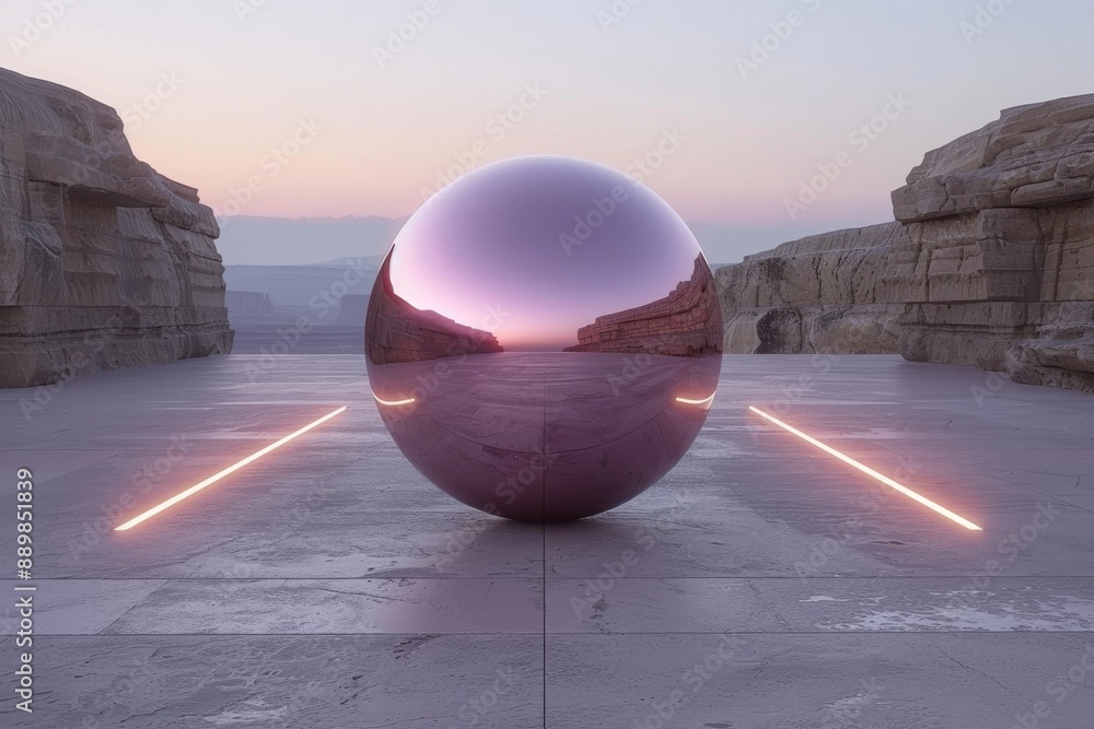 Poster Minimalistic landscape with a reflective sphere and pink neon lines showcasing modern design and futuristic elements in a serene setting