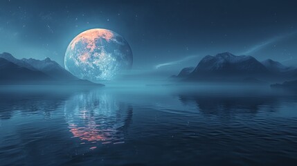 Two moons in the sky, milky way, reflection on water surface, fantasy landscape, minimalist design, space for text, wide angle lens, hyper realistic