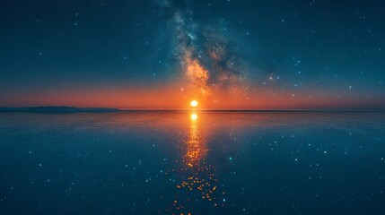Two moons in the sky, milky way, reflection on water surface, fantasy landscape, minimalist design, space for text, wide angle lens, hyper realistic