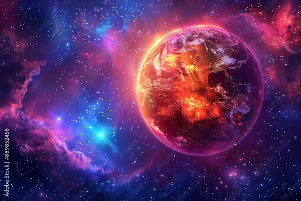 Poster cosmic view of a red planet in a vibrant galaxy depicting outer space and celestial bodies with brig