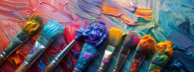 Various paintbrushes, covered in vibrant paint, lying on a textured canvas, paintbrush bristles are frayed and saturated, different colors, adding a sense of creativity and activity
