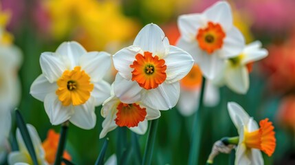 Fototapeta premium Daffodil flowers in orange white and yellow colors bloom