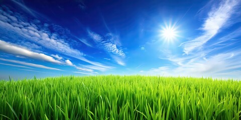 Obraz premium Vibrant green grass under a clear blue sky , nature, outdoor, fresh, field, landscape, sunny, scenery, beautiful, peaceful