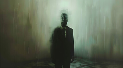 Obraz premium Mystical man in a hazy suit, dark abstract background, ideal for mood exploration, mental health campaigns, introspection themes, mysterious visuals.