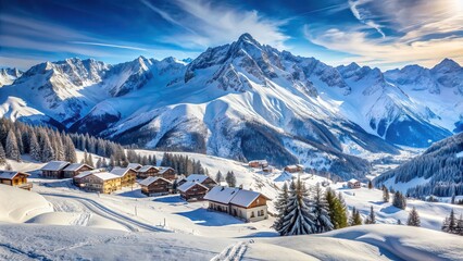 Snow-covered high mountain landscape in a French Alps ski resort, winter, high mountain, landscape, ski resort