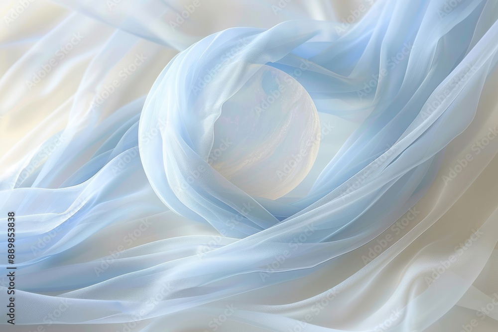 Poster ethereal flowing fabric with soft white and blue hues depicting delicate textures and serene motion 