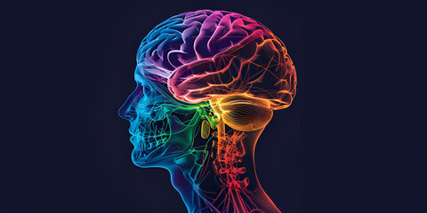 Colorful Brain Anatomy, Detailed Visualization of Human Brain, Digital brain neon colors black background