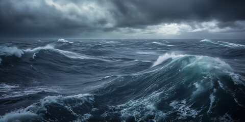 Powerful stormy ocean waves crash under dark, menacing clouds, showcasing the raw and untamed beauty of nature's fury